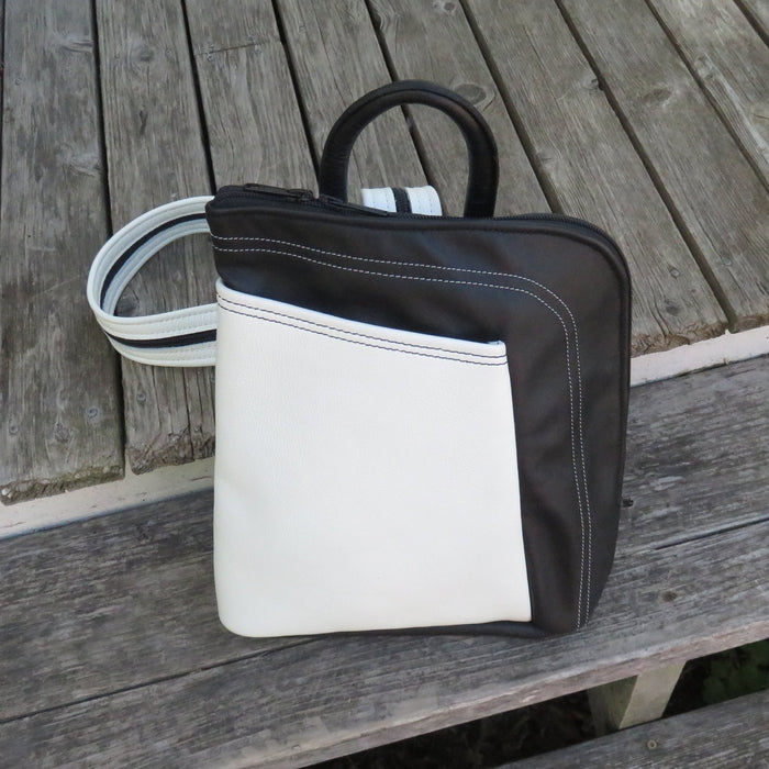STROLL BAG- BLACK WITH WHITE POCKET AND DECORATIVE STITCHING by Arrowsmith Leather - Artfest Ontario