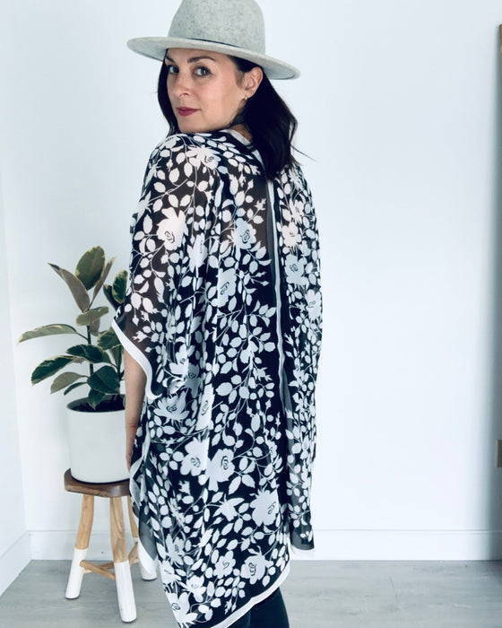 Black and White Border Floral Sheer Kimono - Artfest Ontario - Halina Shearman Designs - Sheer Kimono