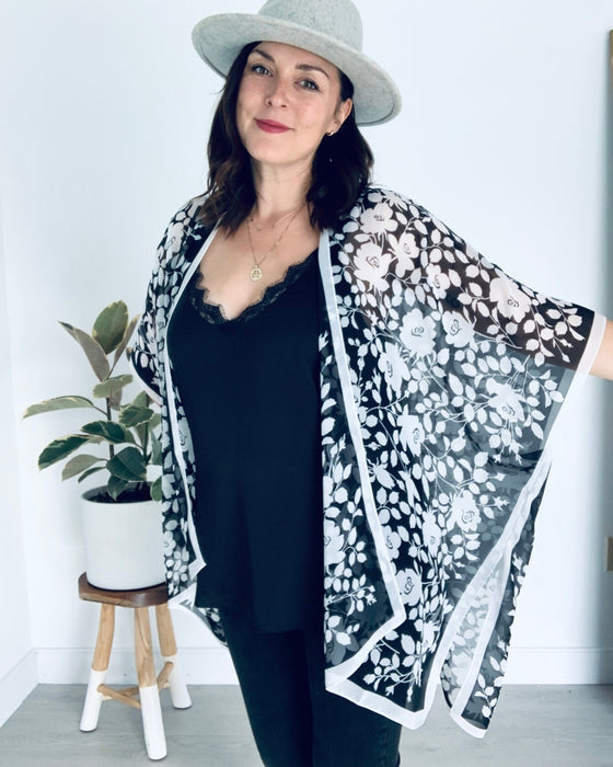 Black and White Border Floral Sheer Kimono - Artfest Ontario - Halina Shearman Designs - Sheer Kimono