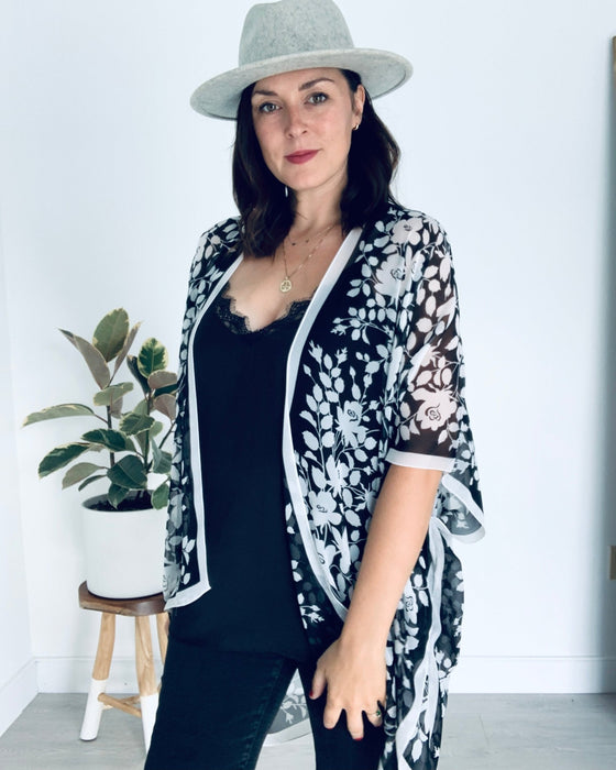 Black and White Border Floral Sheer Kimono - Artfest Ontario - Halina Shearman Designs - Sheer Kimono