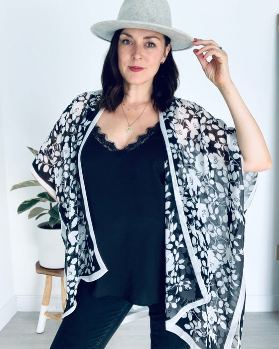 Black and White Border Floral Sheer Kimono - Artfest Ontario - Halina Shearman Designs - Sheer Kimono