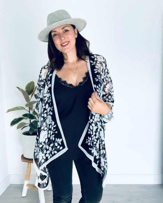 Black and White Border Floral Sheer Kimono - Artfest Ontario - Halina Shearman Designs - Sheer Kimono