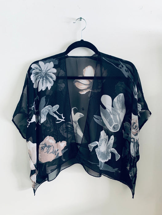 Black and White Large Floral Sheer Cropped Kimono - Artfest Ontario - Halina Shearman Designs - Cropped Kimono