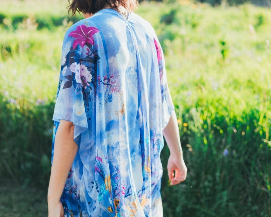 Blue Cloud Floral Floral Sheer Kimono - Artfest Ontario - Halina Shearman Designs - Sheer Kimono