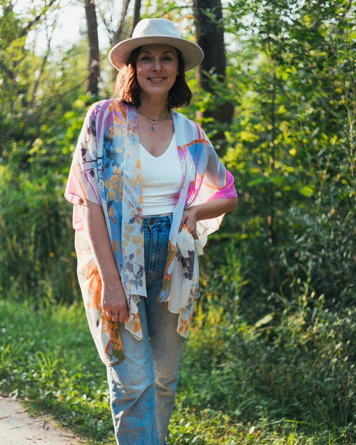 Bright Pink, Blue and Orange Abstract Floral Sheer Kimono - Artfest Ontario - Halina Shearman Designs - Sheer Kimono