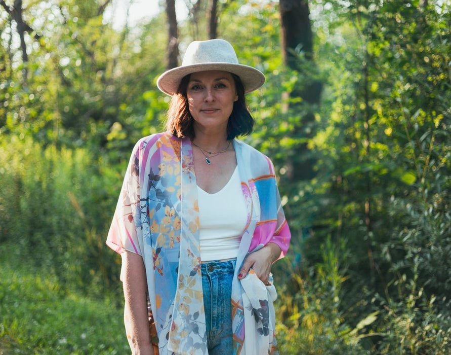 Bright Pink, Blue and Orange Abstract Floral Sheer Kimono - Artfest Ontario - Halina Shearman Designs - Sheer Kimono