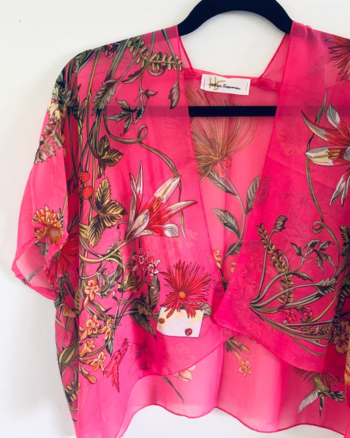Bright Pink Floral Sheer Cropped Kimono - Artfest Ontario - Halina Shearman Designs - Cropped Kimono