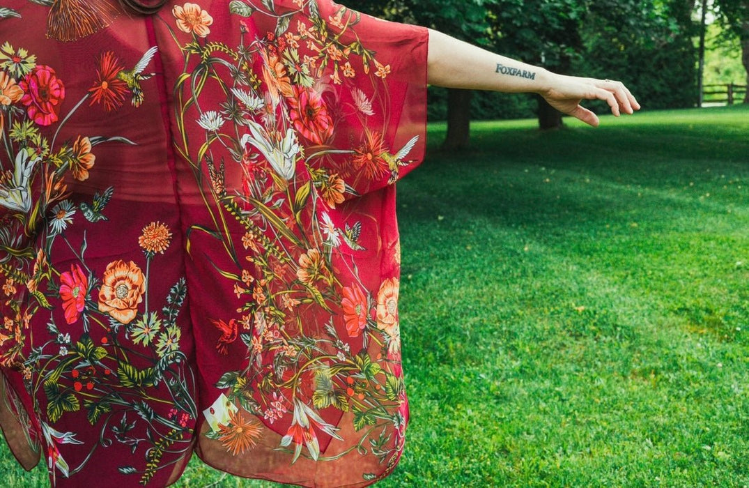 Burgundy Tropical Floral Sheer Kimono - Artfest Ontario - Halina Shearman Designs - Sheer Kimono