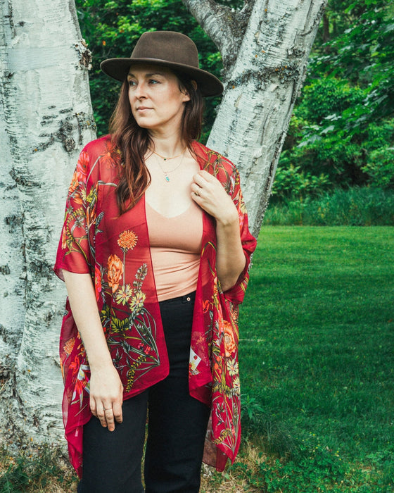 Burgundy Tropical Floral Sheer Kimono - Artfest Ontario - Halina Shearman Designs - Sheer Kimono