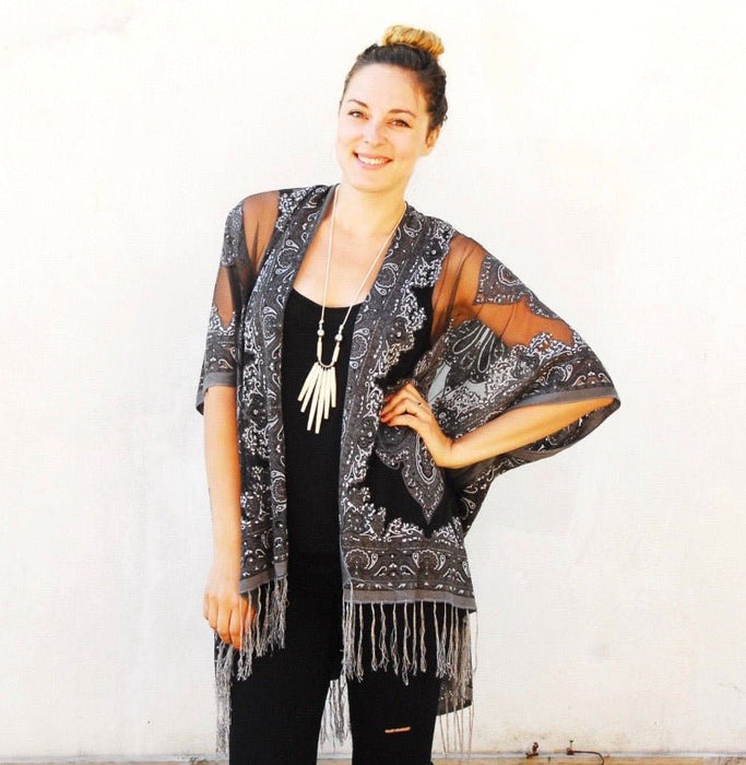 Charcoal Sheer Burnout Kimono - Artfest Ontario - Halina Shearman Designs - Sheer Kimono