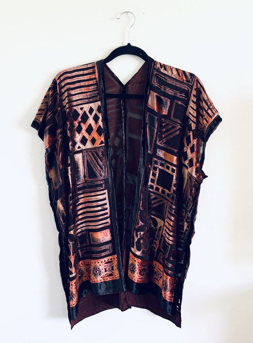 CPurple and Orange Multi Geometric Velvet Burnout Slim Fit Kimono - Artfest Ontario - Halina Shearman Designs - Velvet Kimono