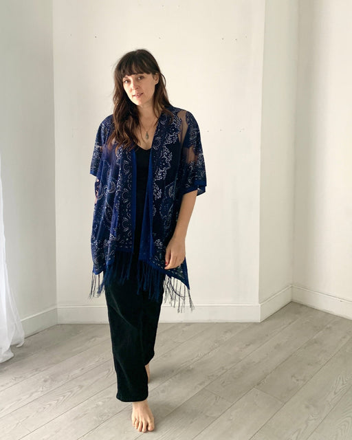 Dark Blue Paisley Burnout Sheer Fringe Kimono - Artfest Ontario - Halina Shearman Designs - Sheer Kimono