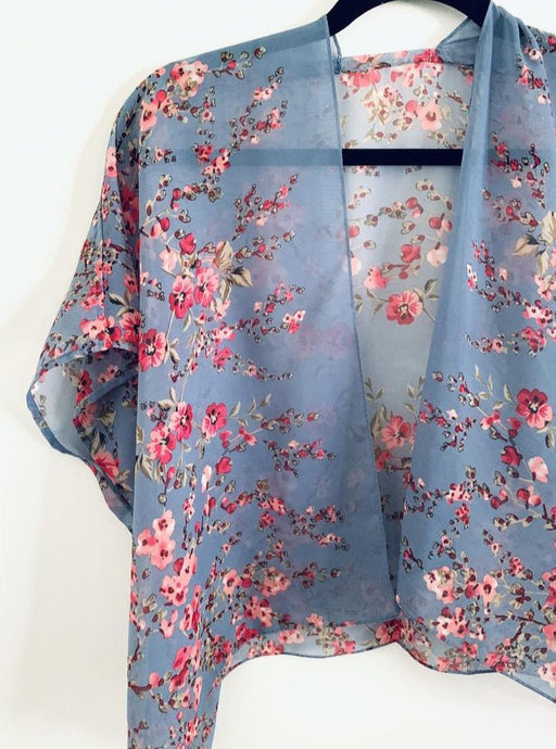Denim Blue Floral Sheer Cropped Kimono - Artfest Ontario - Halina Shearman Designs - Cropped Kimono