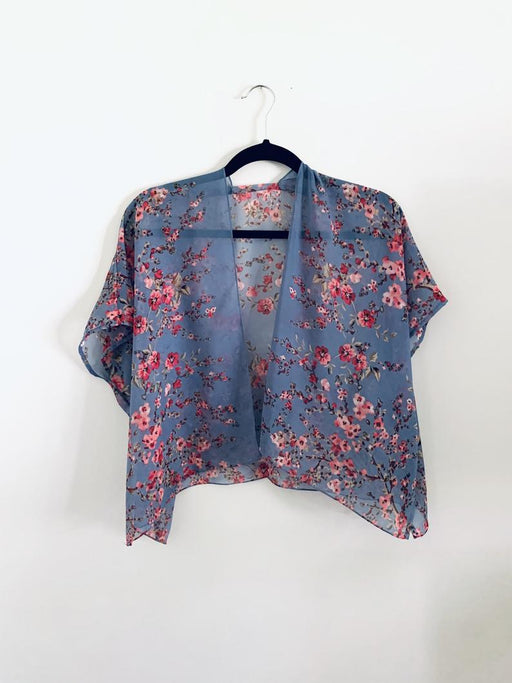 Denim Blue Floral Sheer Cropped Kimono - Artfest Ontario - Halina Shearman Designs - Cropped Kimono