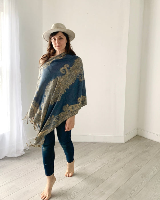 Denim Blue Reversible Paisley Pashmina Draped Shawl - Artfest Ontario - Halina Shearman Designs - Draped Shawl