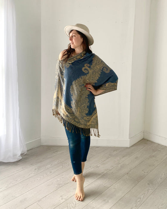 Denim Blue Reversible Paisley Pashmina Draped Shawl - Artfest Ontario - Halina Shearman Designs - Draped Shawl