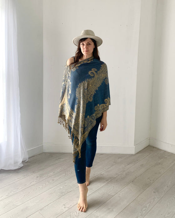 Denim Blue Reversible Paisley Pashmina Draped Shawl - Artfest Ontario - Halina Shearman Designs - Draped Shawl