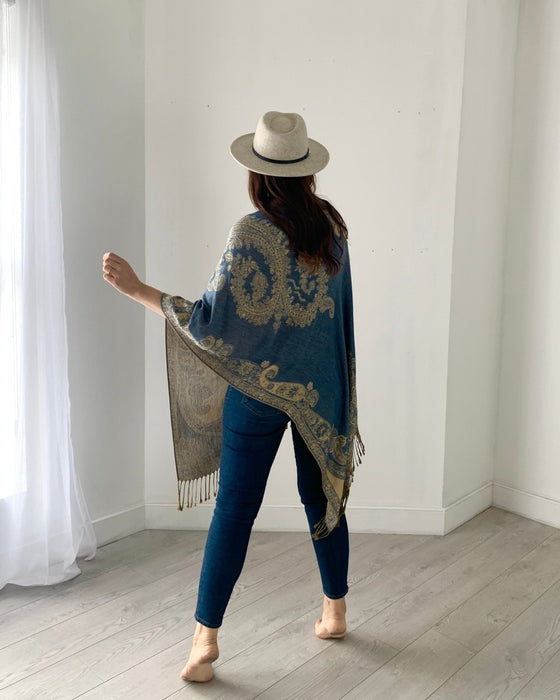 Denim Blue Reversible Paisley Pashmina Draped Shawl - Artfest Ontario - Halina Shearman Designs - Draped Shawl