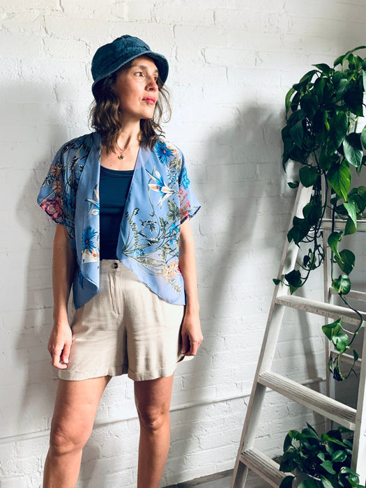 Dusty Blue Sheer Floral Cropped Kimono - Artfest Ontario - Halina Shearman Designs - Cropped Kimono