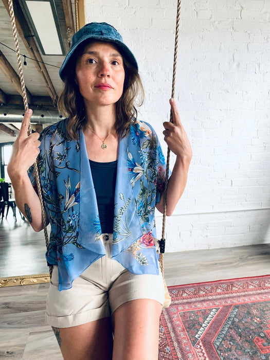 Dusty Blue Sheer Floral Cropped Kimono - Artfest Ontario - Halina Shearman Designs - Cropped Kimono