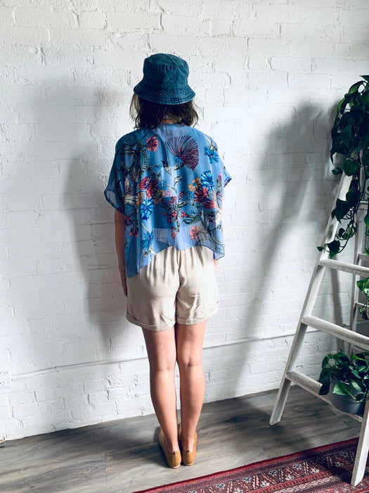 Dusty Blue Sheer Floral Cropped Kimono - Artfest Ontario - Halina Shearman Designs - Cropped Kimono