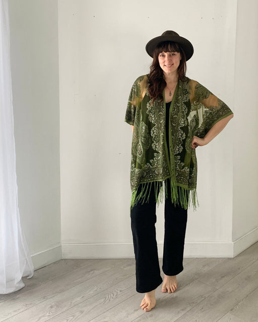 Green Paisley Burnout Sheer Fringe Kimono - Artfest Ontario - Halina Shearman Designs - Sheer Kimono