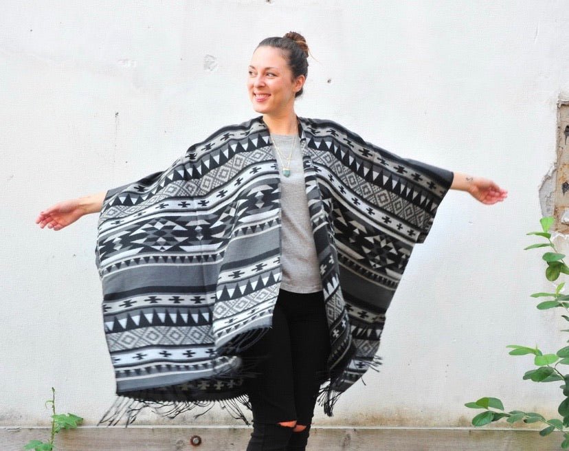 Grey and Black Southwestern Print Blanket Poncho - Artfest Ontario - Halina Shearman Designs - Oversized Kimono