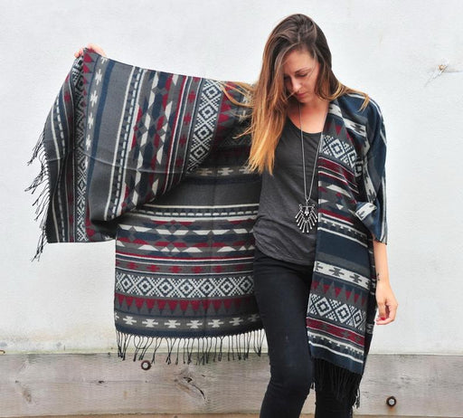 Grey and Burgundy Southwestern Print Blanket Poncho - Artfest Ontario - Halina Shearman Designs - Oversized Kimono