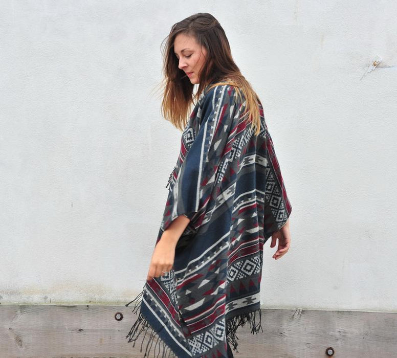 Grey and Burgundy Southwestern Print Blanket Poncho - Artfest Ontario - Halina Shearman Designs - Oversized Kimono