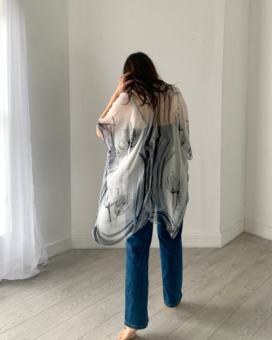 Grey and White Ultra Sheer Kimono - Artfest Ontario - Halina Shearman Designs - Sheer Kimono