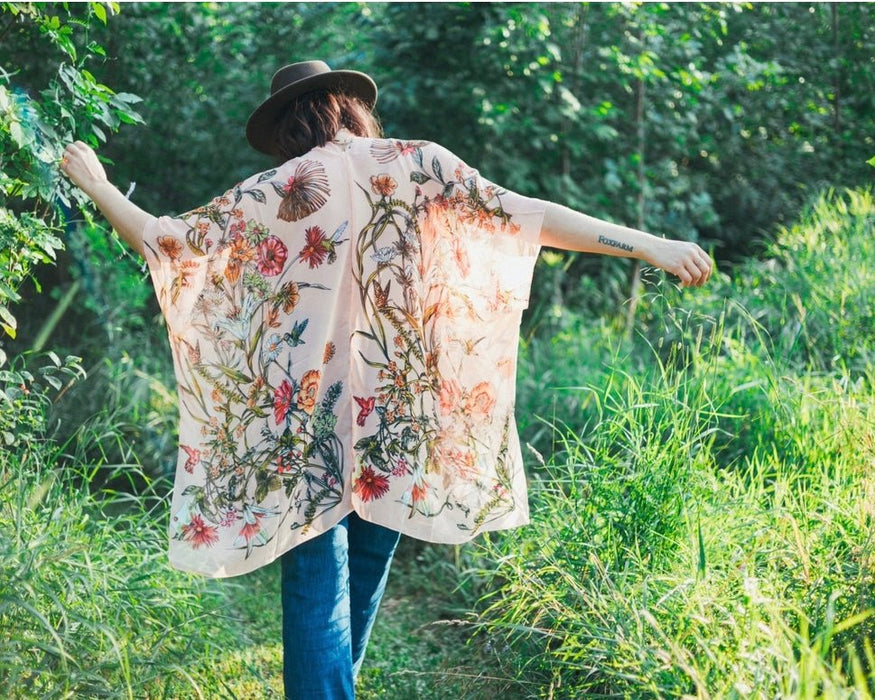 Light Coral Tropical Floral Sheer Kimono - Artfest Ontario - Halina Shearman Designs - Sheer Kimono
