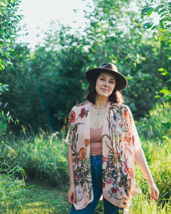 Light Coral Tropical Floral Sheer Kimono - Artfest Ontario - Halina Shearman Designs - Sheer Kimono