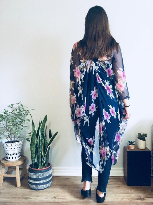 Navy Blue and Pink Flower Sheer Kimono - Artfest Ontario - Halina Shearman Designs - Sheer Kimono