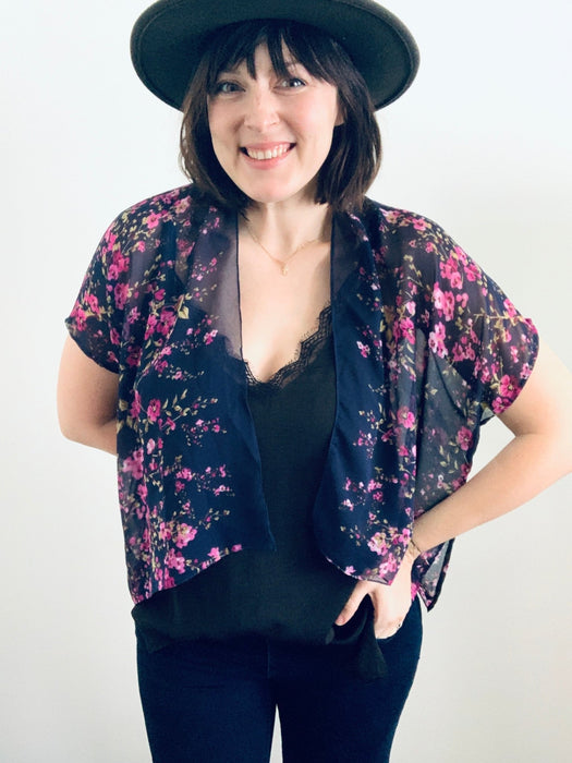 Navy Floral Sheer Cropped Kimono - Artfest Ontario - Halina Shearman Designs - Cropped Kimono
