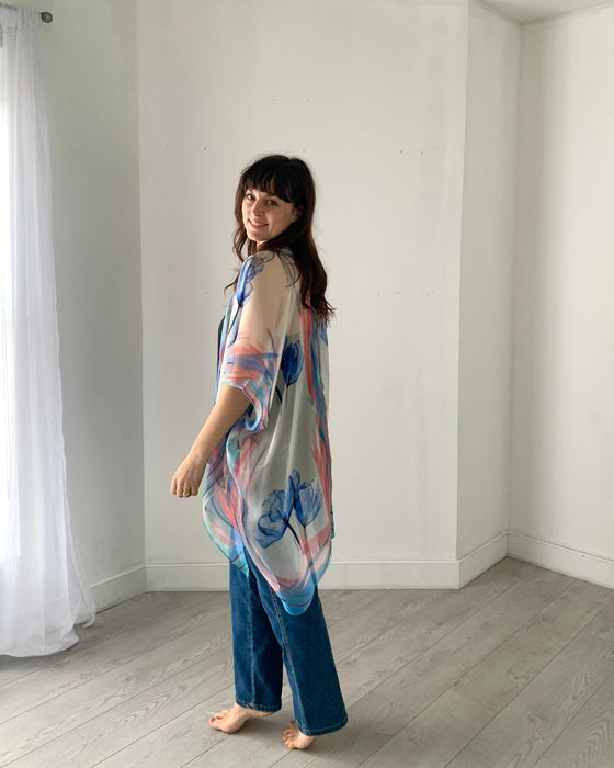 Pink and Blue Floral Ultra Sheer Kimono - Artfest Ontario - Halina Shearman Designs - Sheer Kimono