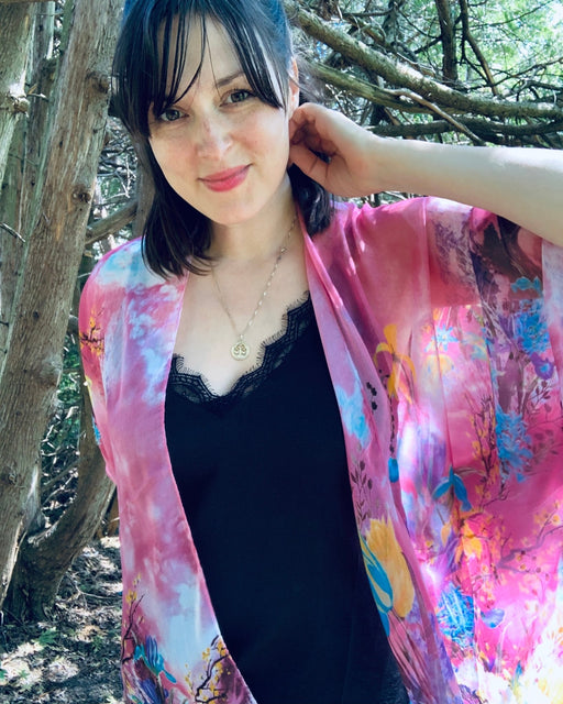 Pink Blue Retro Floral Sheer Kimono - Artfest Ontario - Halina Shearman Designs - Sheer Kimono