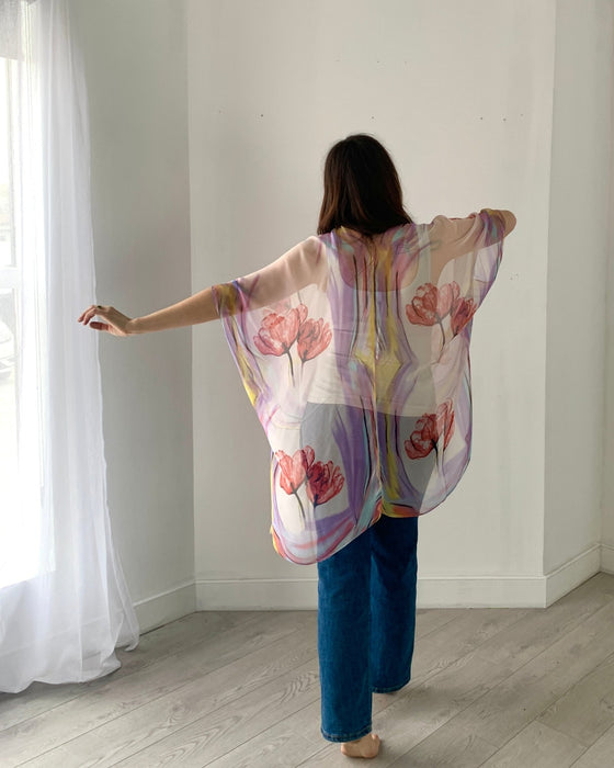 Purple and Pink Floral Ultra Sheer Kimono - Artfest Ontario - Halina Shearman Designs - Sheer Kimono