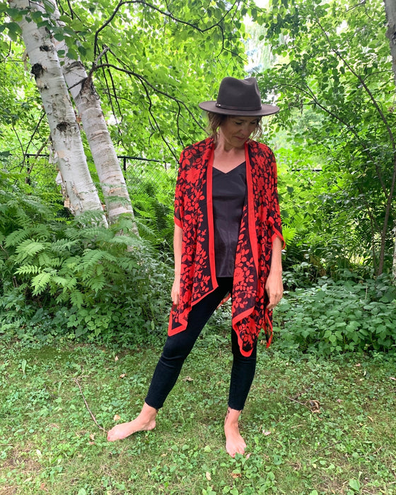 Red and Black Floral Border Sheer Kimono - Artfest Ontario - Halina Shearman Designs - Sheer Kimono