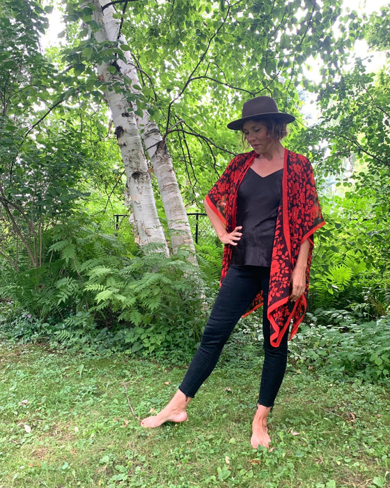 Red and Black Floral Border Sheer Kimono - Artfest Ontario - Halina Shearman Designs - Sheer Kimono