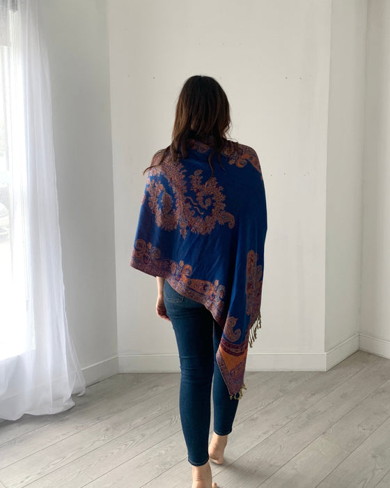 Royal Blue and Rust Reversible Paisley Pashmina Draped Shawl - Artfest Ontario - Halina Shearman Designs - Draped Shawl