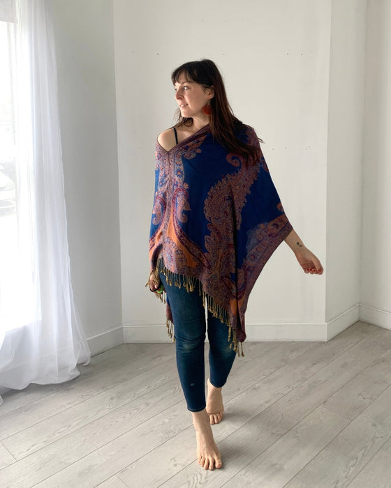 Royal Blue and Rust Reversible Paisley Pashmina Draped Shawl - Artfest Ontario - Halina Shearman Designs - Draped Shawl