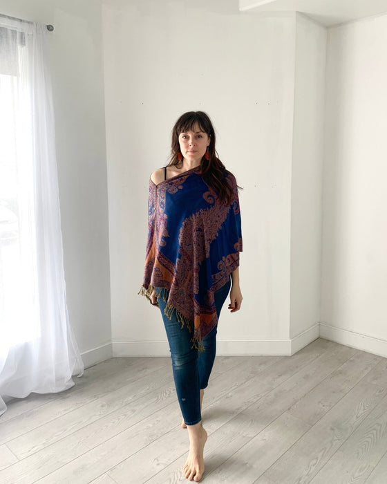 Royal Blue and Rust Reversible Paisley Pashmina Draped Shawl - Artfest Ontario - Halina Shearman Designs - Draped Shawl