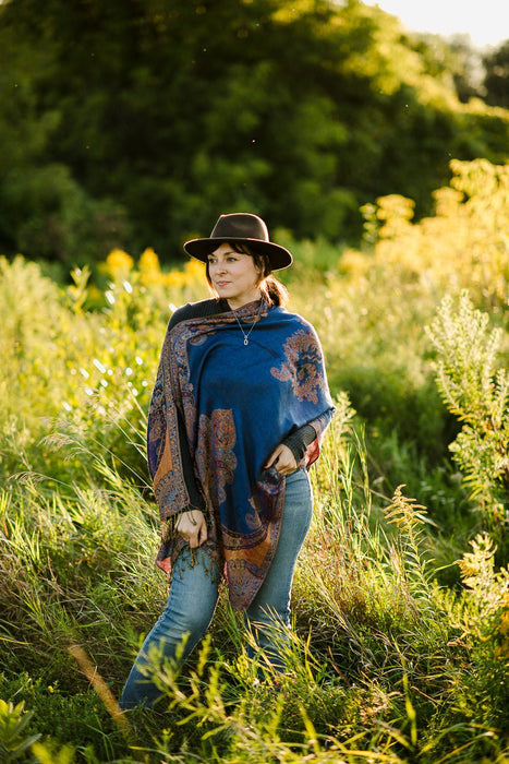 Royal Blue and Rust Reversible Shawl - Artfest Ontario - Halina Shearman Designs - Sheer Kimono