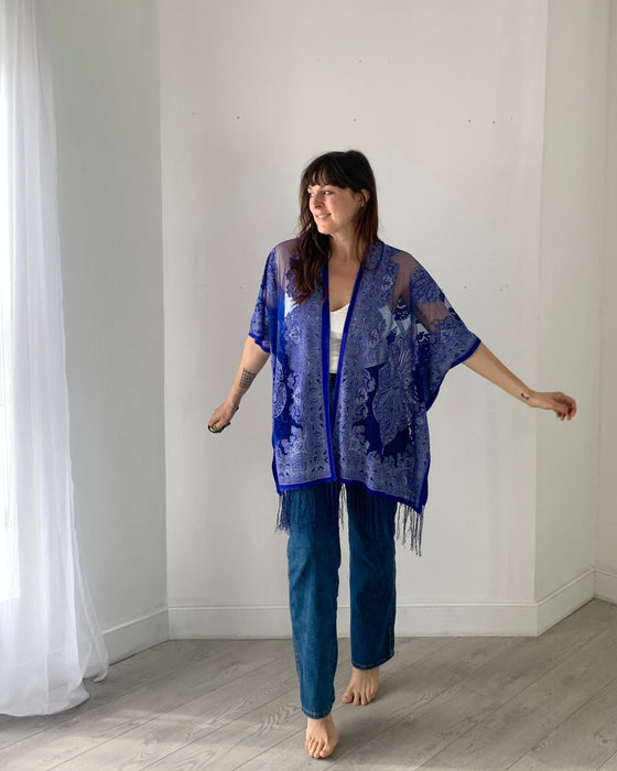 Royal Blue Sheer Burnout Kimono - Artfest Ontario - Halina Shearman Designs - Sheer Kimono