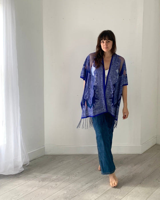 Royal Blue Sheer Burnout Kimono - Artfest Ontario - Halina Shearman Designs - Sheer Kimono