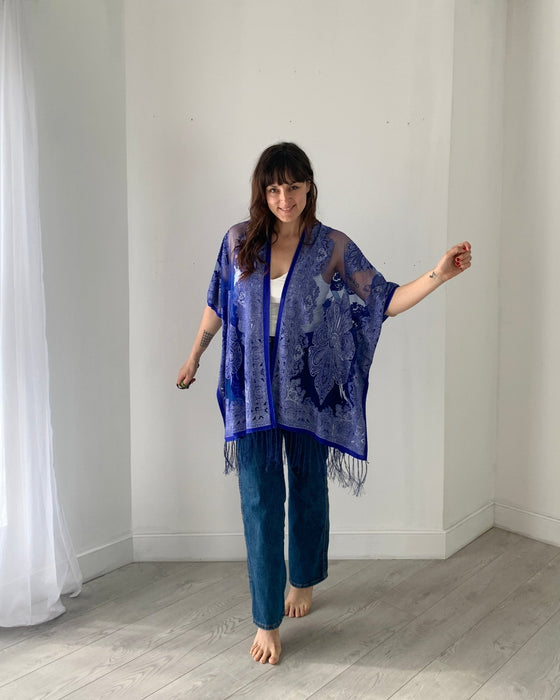 Royal Blue Sheer Burnout Kimono - Artfest Ontario - Halina Shearman Designs - Sheer Kimono