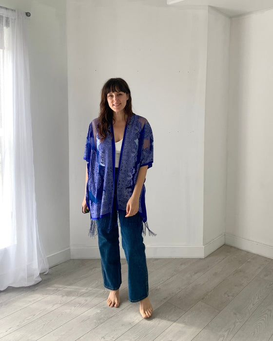 Royal Blue Sheer Burnout Kimono - Artfest Ontario - Halina Shearman Designs - Sheer Kimono