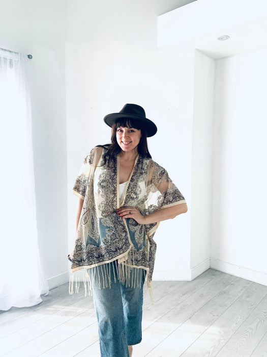 Tan Sheer Burnout Kimono - Artfest Ontario - Halina Shearman Designs - Sheer Kimono