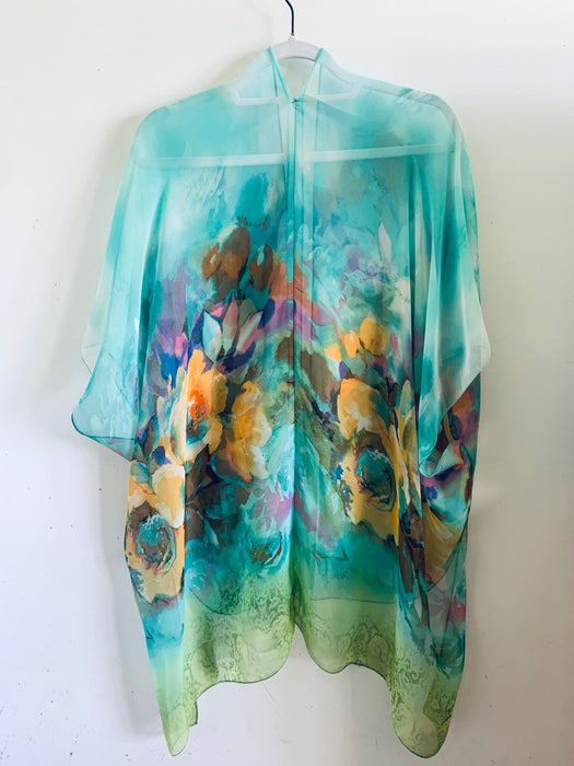 Turquoise and Yellow Floral Sheer Kimono - Artfest Ontario - Halina Shearman Designs - Sheer Kimono