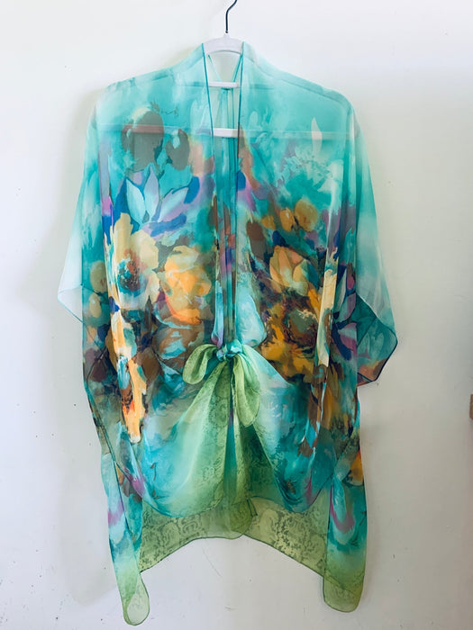 Turquoise and Yellow Floral Sheer Kimono - Artfest Ontario - Halina Shearman Designs - Sheer Kimono